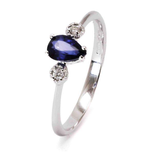 Goccia Blu - Anello in oro bianco 9 carati diamanti e zaffiro