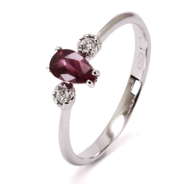 Goccia Rossa, Anello in oro bianco 9 carati con Rubino e diamanti naturali
