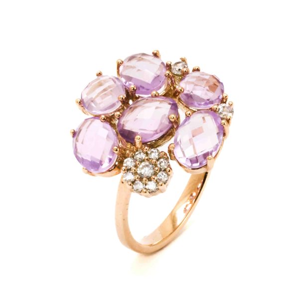 Fiore Prezioso, Anello in oro rosa 9 carati con ametista e zirconi
